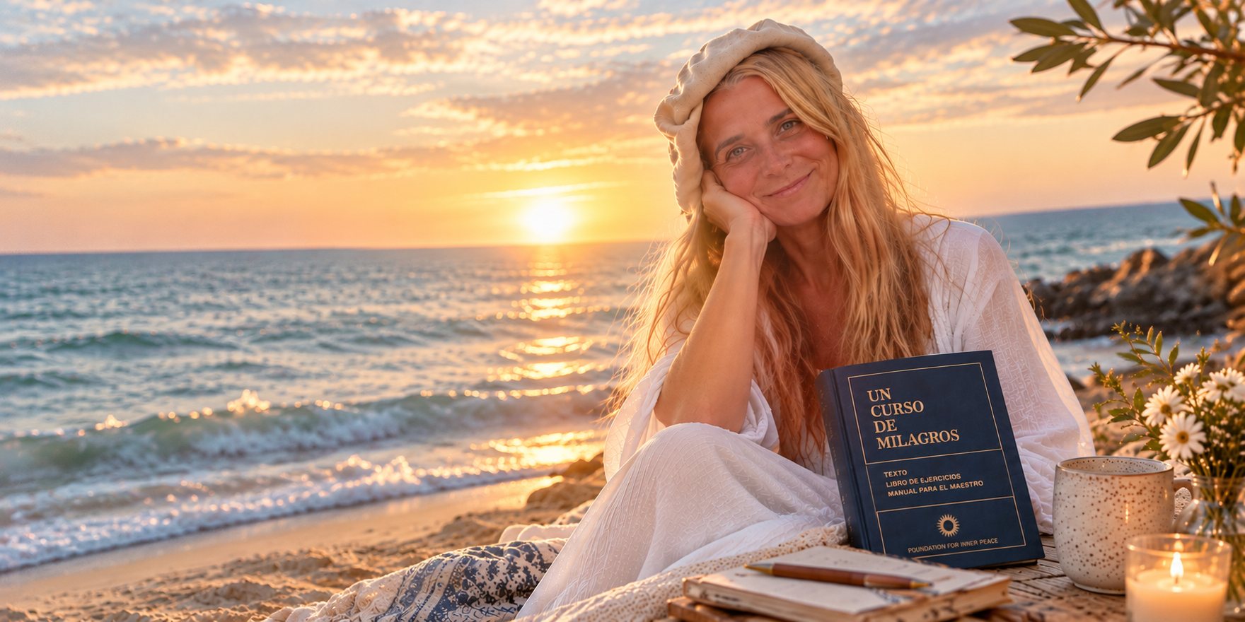 Marina del Mar sentada en la orilla del mar al atardecer, con el libro Un Curso de Milagros apoyado a su lado